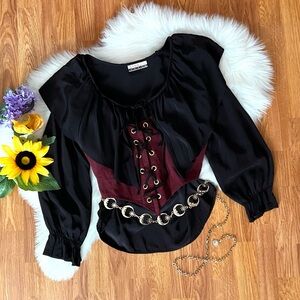🍂Vintage 80s Renn Faire Gothic Pirate Shirt + Lace-Up Corset Costume Set